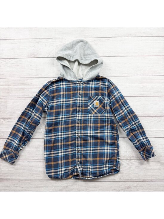 Carhartt Other - Carhartt Boys Flannel Hooded Shirt Shacket Blue Plaid Button Down Medium 10-12